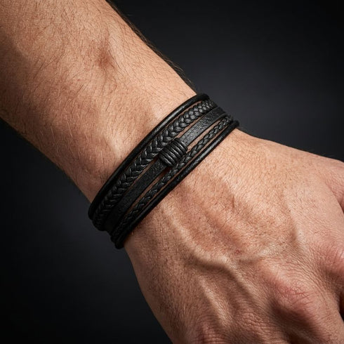 Black Shadow Uniqal Premium schwarzes Lederarmband für Herren mit geflochtenen Details und stilvollem Look