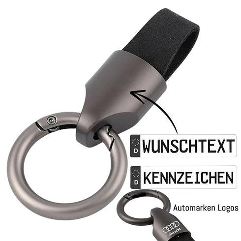 Personalisierter schwarzer Autoschlüsselanhänger, individuell gestaltbar mit Autokennzeichen, Automarken-Logo oder Wunschtext, perfekt als persönliches Geschenk für jeden Anlass.