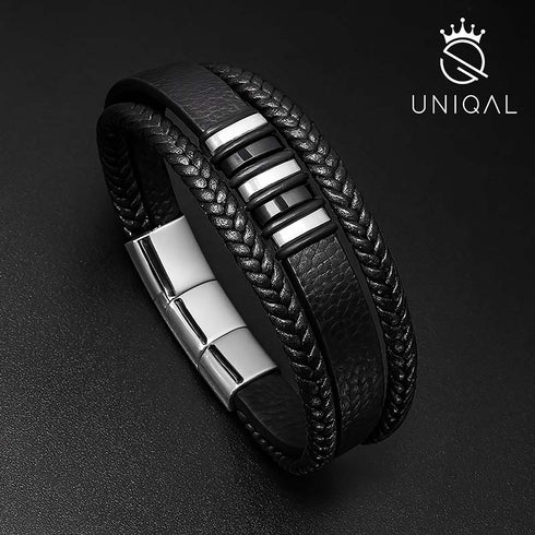 Schwarz-Silber geflochtenes Lederarmband für Herren mit Magnetverschluss