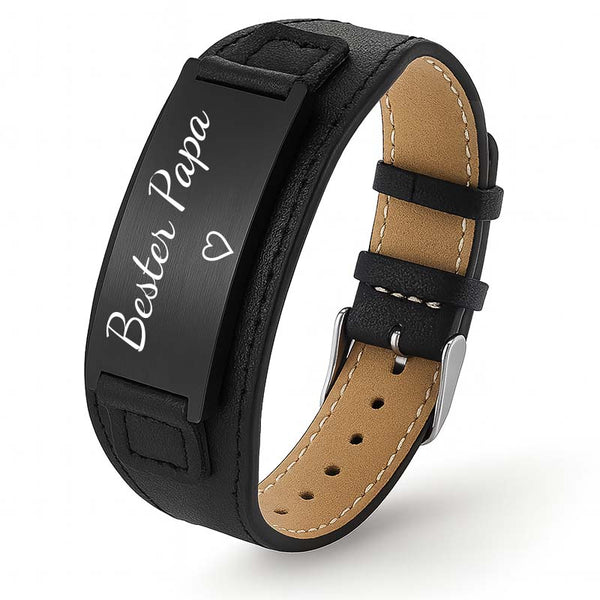 Schwarzes Lederarmband mit individueller Gravurplatte für Herren – Uniqal