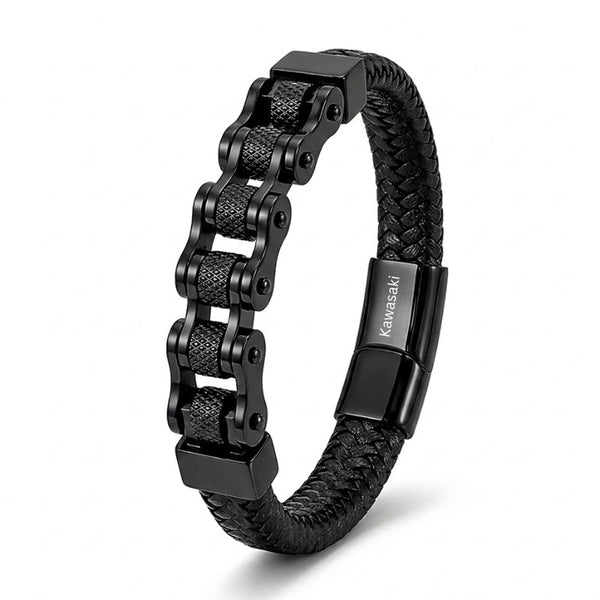 Schwarzes Herren-Lederarmband mit Motorradketten-Element und schwarzen Metallteilen