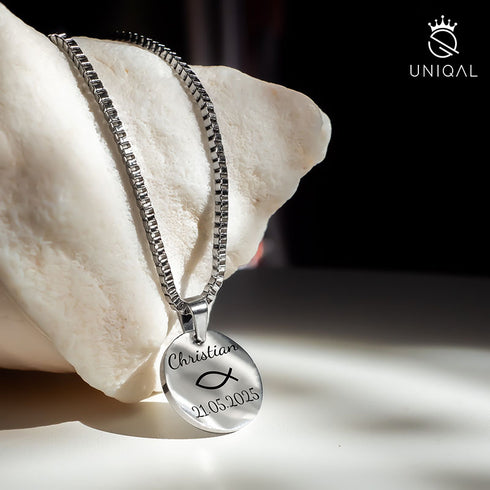 Unisex Halskette Edelstahl, personalisierbarer Coin Anhänger, Silber, Geschenkidee konfirmation uniqal