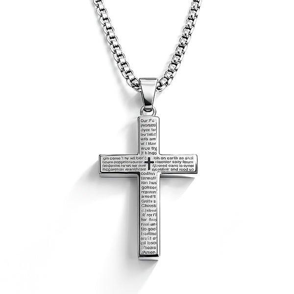 Silberner Kreuzanhänger für Männer mit detaillierter Gebetsgravur, hochwertige Edelstahl Halskette 60 cm, christlicher Schmuck mit fein strukturiertem Kreuzdesign – Premium UNIQAL Herrenaccessoire.