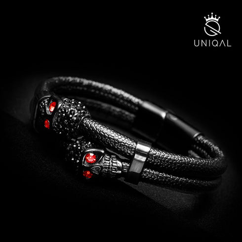 Totenkopf Lederarmband Herren Skull schwarz zirkonia uniqal