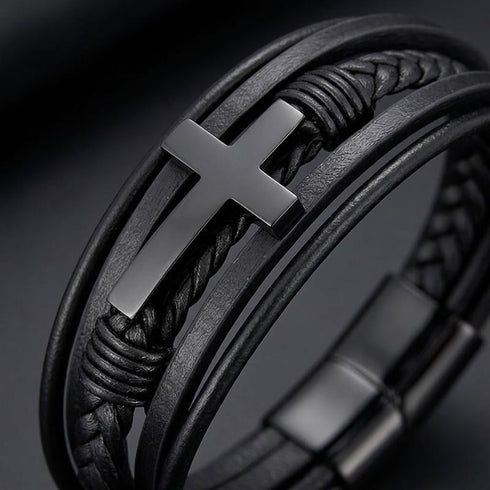 UNIQAL Heaven Black Luxus Lederarmband Herren als besonderes Geschenk mit Kreuz Design