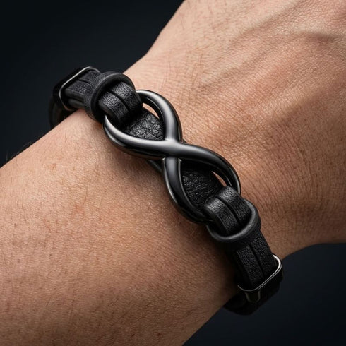 UNIQAL Infinity Black Herren Lederarmband aus schwarzem Leder mit Infinity Symbol am Handgelenk getragen