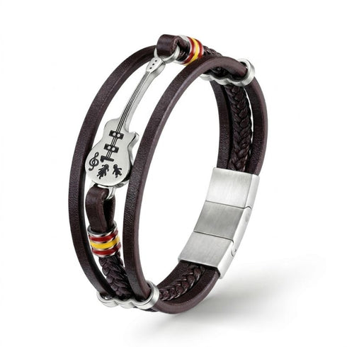UNIQAL Guitar Lederarmband mit Edelstahl Akustikgitarre, graviertem Detail und schwarzem Leder für Musikliebhaber