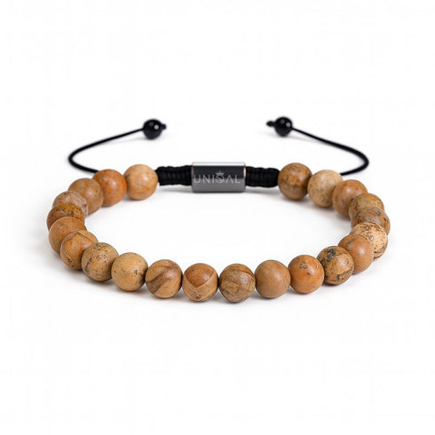Uniqal einreihiges Landschaftsjaspis Armband mit Makramee-Schließe – 8 mm Naturperlen, gravierbar und personalisierbar