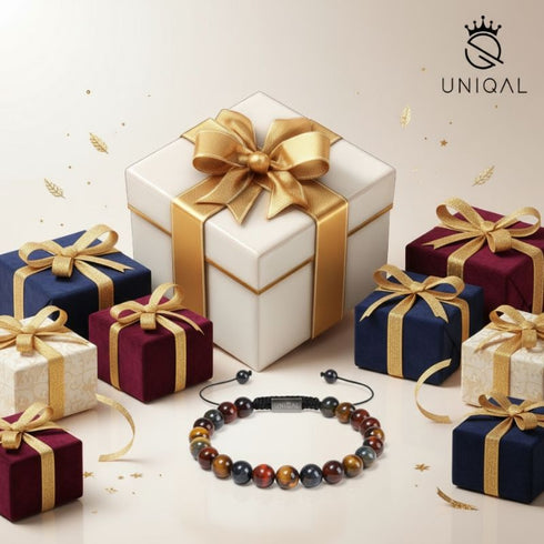 Falkenauge Perlenarmband vor festlichen Geschenkboxen im Weihnachtsdesign