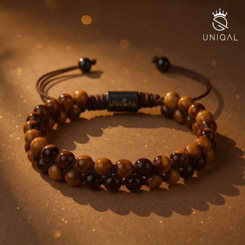 Geflochtenes gelbes Tigerauge Armband im warmen goldenen Licht auf braunem Hintergrund festlich uniqal weihnachten