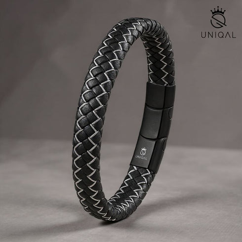 Uniqal ICE – modernes Unisex Lederarmband in Schwarz-Weiß mit magnetischem Edelstahlverschluss. Minimalistisches Schmuckstück für Fokus & Energie.