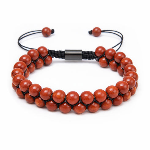Uniqal zweireihiges Armband aus ziegelrotem Jaspis – 6 mm Naturperlen, Makramee-Verschluss, gravierbar, Unisex