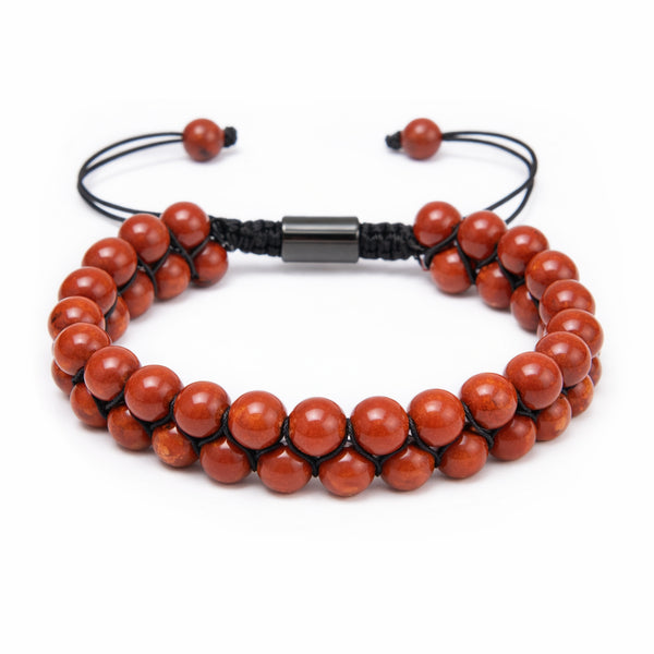 Uniqal zweireihiges Armband aus ziegelrotem Jaspis – 6 mm Naturperlen, Makramee-Verschluss, gravierbar, Unisex