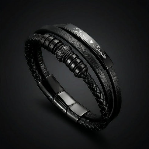 BLACK GRAPHICS Armband Detail, schwarzes Leder mit grafischen Edelstahlelementen