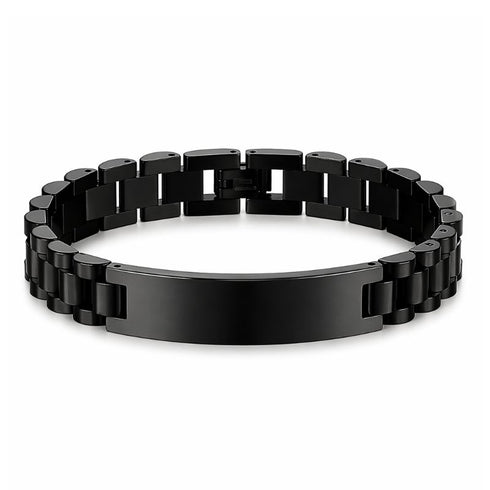 Uniqal BLACK LABEL auf weißem Hintergrund mit glänzender Gravurfläche, markantes Schmuckstück aus schwarzem Edelstahl mit stilvoller Präsenz.