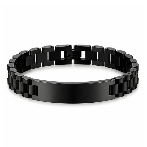 Uniqal BLACK LABEL auf weißem Hintergrund mit glänzender Gravurfläche, markantes Schmuckstück aus schwarzem Edelstahl mit stilvoller Präsenz.
