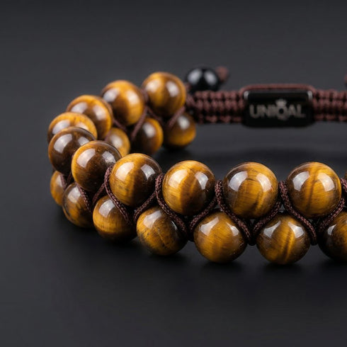 Detailansicht Uniqal Tigerauge Natursteinperlen – zweireihiges Design, handgefertigt