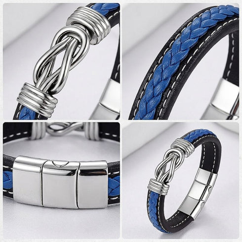 Nahaufnahme eines Infinity-Verschlusses am Lederarmband Uniqal eternal blue