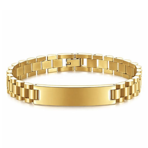 Uniqal GOLD LABEL auf weißem Hintergrund mit glänzender Gravurplatte, elegantes Armband aus 18K vergoldetem Edelstahl mit exklusiver Ausstrahlung.