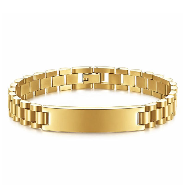 Uniqal GOLD LABEL auf weißem Hintergrund mit glänzender Gravurplatte, elegantes Armband aus 18K vergoldetem Edelstahl mit exklusiver Ausstrahlung.
