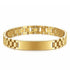 Uniqal GOLD LABEL auf weißem Hintergrund mit glänzender Gravurplatte, elegantes Armband aus 18K vergoldetem Edelstahl mit exklusiver Ausstrahlung.