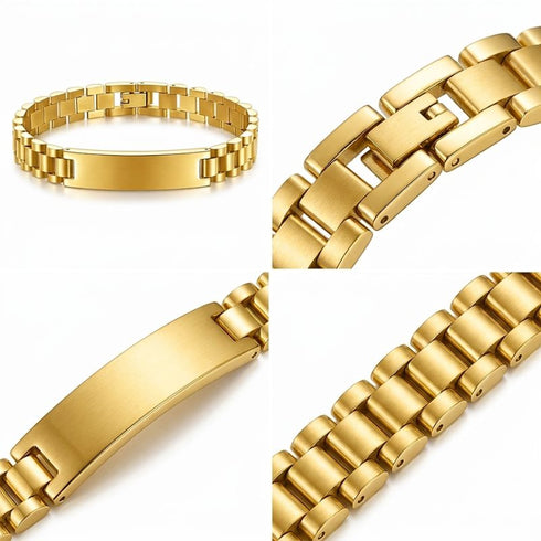 Makroaufnahme von Uniqal GOLD LABEL mit sicherer Schließe, hochwertigen Kettengliedern und Erweiterungsteilen zur Anpassung.
