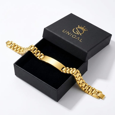 Elegante Uniqal Geschenkbox mit GOLD LABEL Armband, ideal zum stilvollen Überreichen bei besonderen Anlässen.