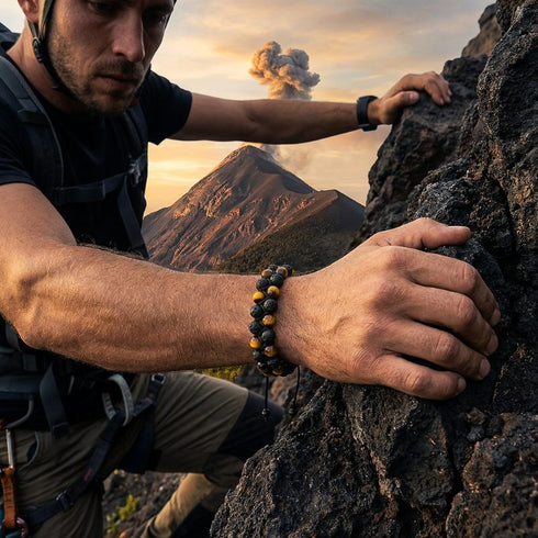 Uniqal Natursteinarmband Lava Tigerauge, doppelte 6 mm Perlenreihen, stabiler Sitz, maskulin-neutraler Charakter