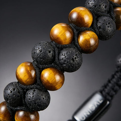 Detailaufnahme von Uniqal Lava- und Tigerauge-Perlen, 6 mm Durchmesser, zweireihige Verarbeitung mit Makramee