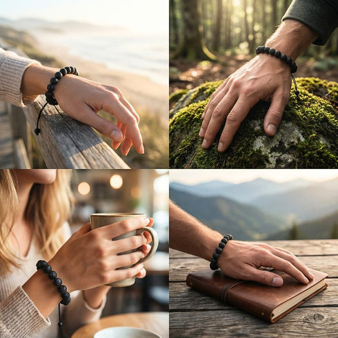 Uniqal schwarzes Lavaarmband getragen im täglichen Umfeld, harmonisch zu Casual- und Business-Looks