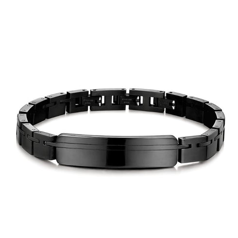 VELARO BLACK schwarzes Edelstahlarmband mit Gravurplatte auf weißem Hintergrund, personalisierbar und erweiterbar mit Extension-Elementen für perfekte Passform. Uniqal