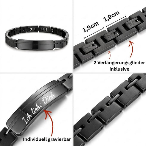 Detailaufnahme vom VELARO BLACK Armband mit Gravurfläche, sicherem Verschluss und zusätzlichen Extension-Gliedern zur Längenanpassung. Uniqal