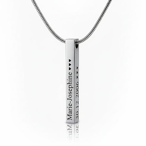 Uniqal gravierte Säulenhalskette aus Edelstahl in Silber mit persönlicher Inschrift als emotionales Erinnerungsstück