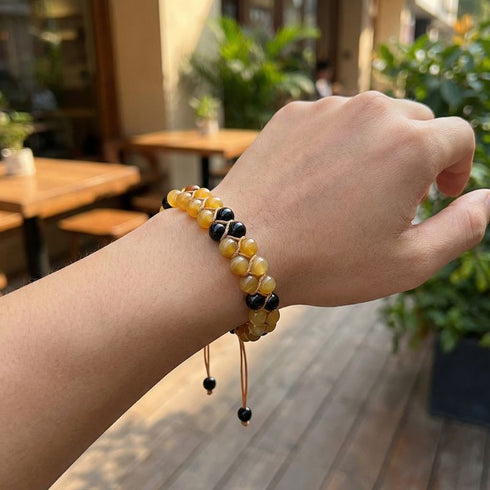 Uniqal Kraftarmband Onyx Honigachat – zweireihige Balance