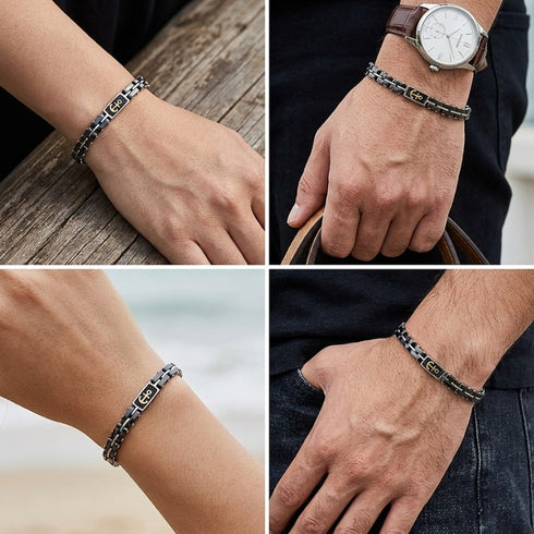ANCORA uniqal Edelstahlarmband mit schwarzem Gliederdesign und goldenem Anker kombiniert mit Freizeit- und Business-Outfits