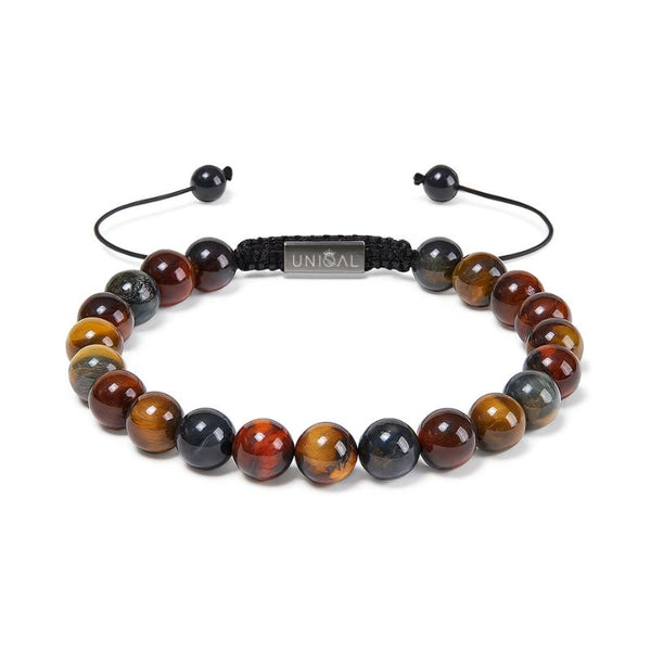 UNIQAL Perlenarmband mit 8 mm Edelsteinen – Tigerauge, Falkenauge & Labradorit auf weißem Hintergrund, frontal fotografiert