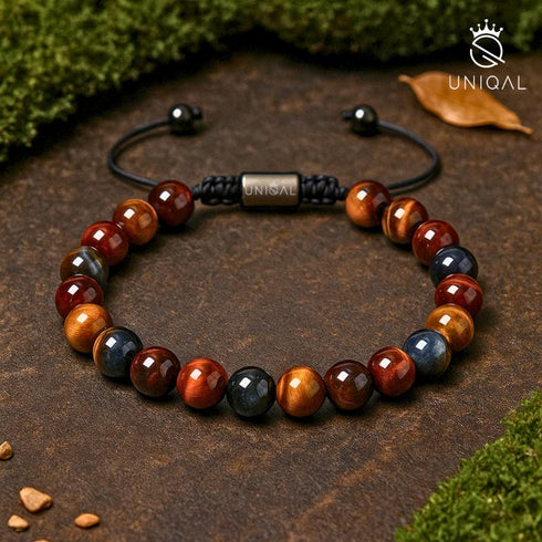 Edelsteinarmband aus Falkenauge und Tigerauge auf Holz und Moos – UNIQAL Naturmotive mit spiritueller Tiefe