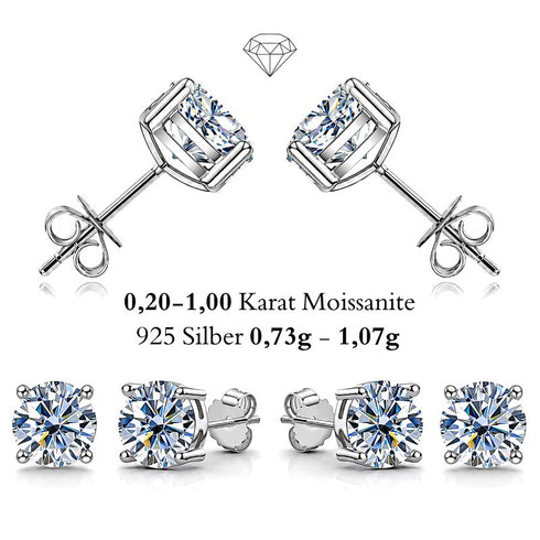 UNIQAL AVENA SILVER klassische Moissanit Ohrstecker aus 925 Sterling Silber mit zeitlosem Solitär Design