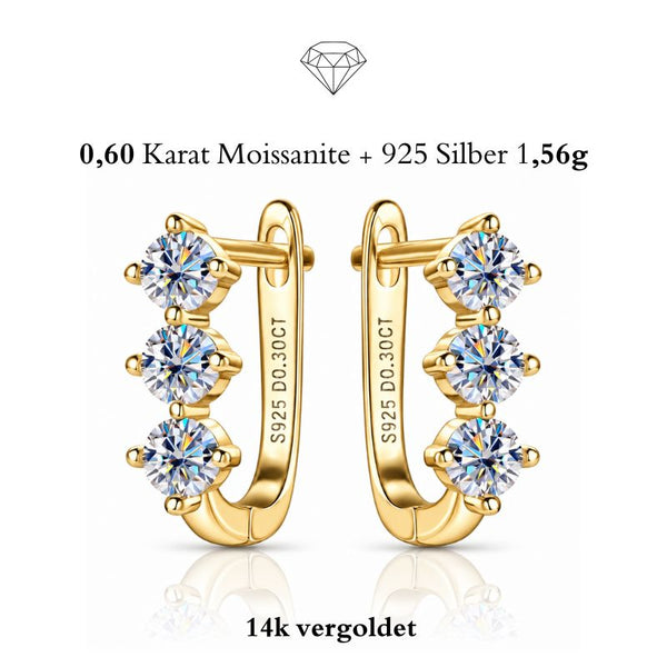 BELLA Moissanit Creolen 14K Gold – 925 Silber vergoldet, drei D-farblose Steine pro Ohr, S925 D0.30CT Gravur, weißer Hintergrund, Uniqal