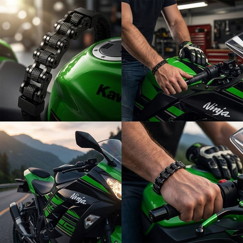 Herren-Biker-Armband aus Leder beim Fahren eines grünen Sportmotorrads