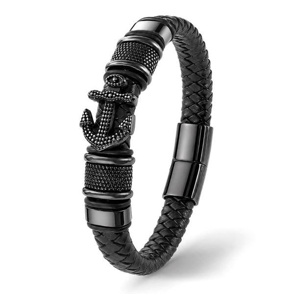 Schwarzes Anker Lederarmband BLACK ADVENTURE aus geflochtenem Rindleder mit schwarzem Magnetverschluss