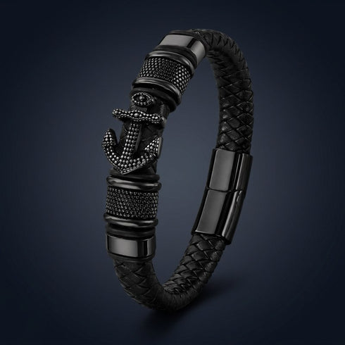 Gravierbares schwarzes Lederarmband mit Anker Symbol, Geschenkbox und hochwertiger Verarbeitung