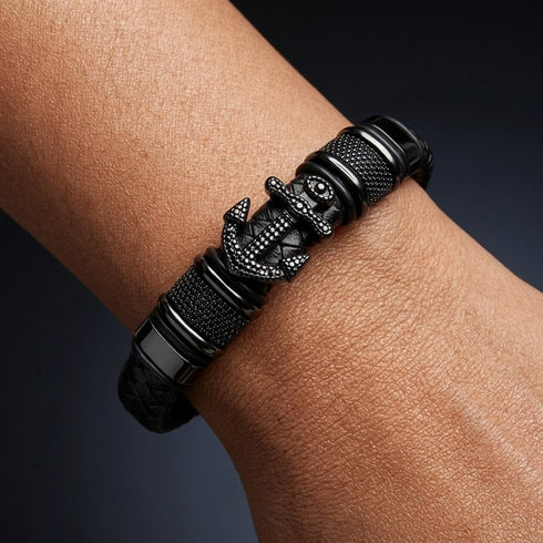 Unisex Anker Lederarmband aus hochwertigem Rindleder in Schwarz mit Magnetverschluss