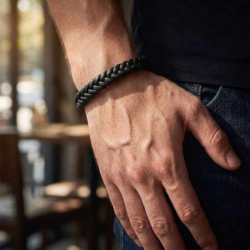 BLACK BRAID Lederarmband am Handgelenk eines Mannes, kombiniert mit schwarzem Oberteil und dunkler Jeans