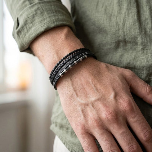 BLACK BRICS Lederarmband getragen – vier Stränge schwarz, personalisierbar Uniqal