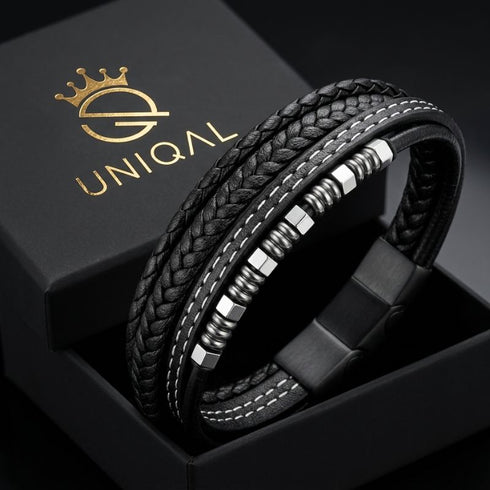 BLACK BRICS Echtleder Armband mit Edelstahlperlen – Namensgravur am Verschluss Uniqal