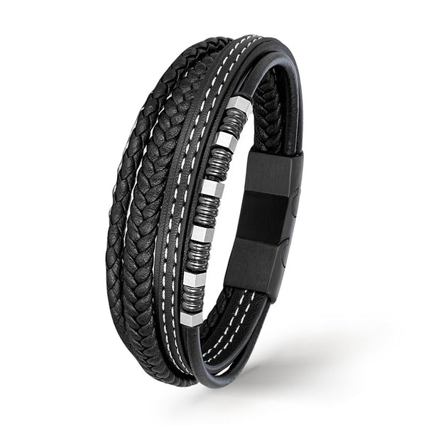 BLACK BRICS Lederarmband Schwarz – vier Stränge Echtleder, gravierbar Uniqal