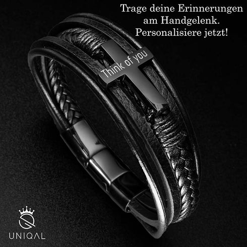 BLACK HEAVEN Herren Handgelenk – schwarzes Kreuzarmband Echtleder, Namensgravur Kommunion Konfirmation Uniqal