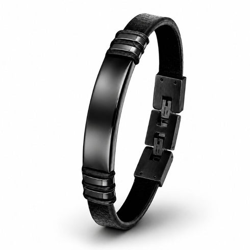 Schwarzes BLACK JACK Herrenarmband aus Leder mit Edelstahl Gravurplatte und schwarzem Verschluss