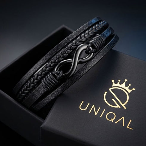 BLACK NICE Infinity Lederarmband in Uniqal Geschenkbox – schwarzes Armband als Geschenkidee, inkl. Luxusetui